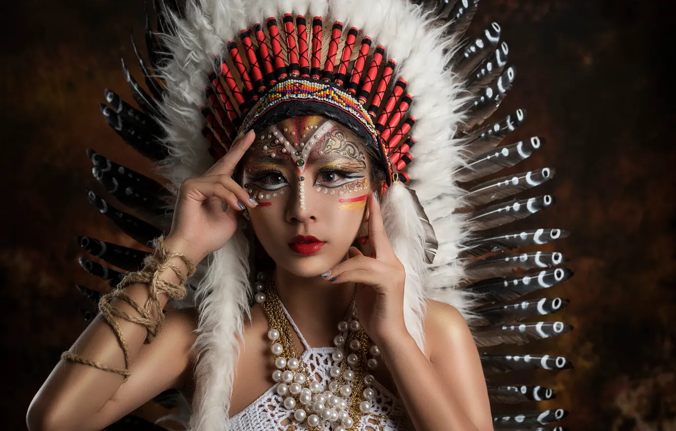 Photo wallpaper look, decoration, style, feathers, hands, makeup, Asian, roach