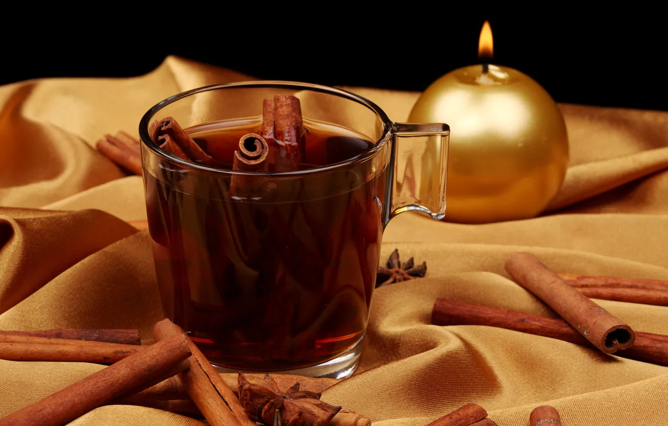 Photo wallpaper tea, candle, Cup, fabric, cinnamon, glass, gold