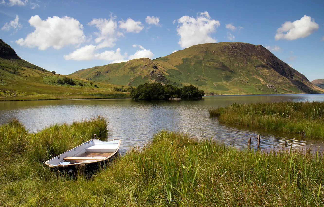 Photo wallpaper the sky, grass, trees, mountains, lake, boat