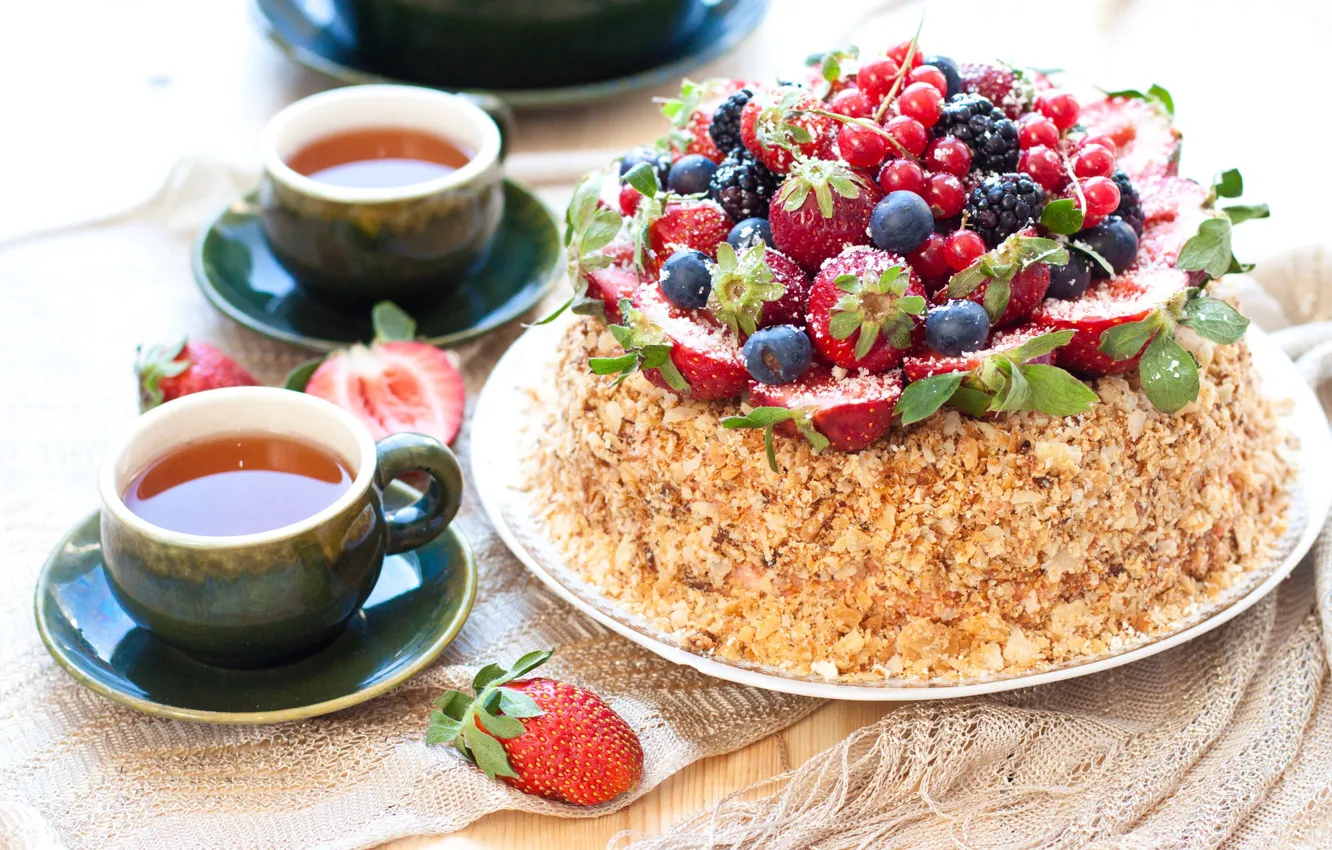 Photo wallpaper berries, tea, strawberry, Cup, cake, BlackBerry, blueberries, Smorodina