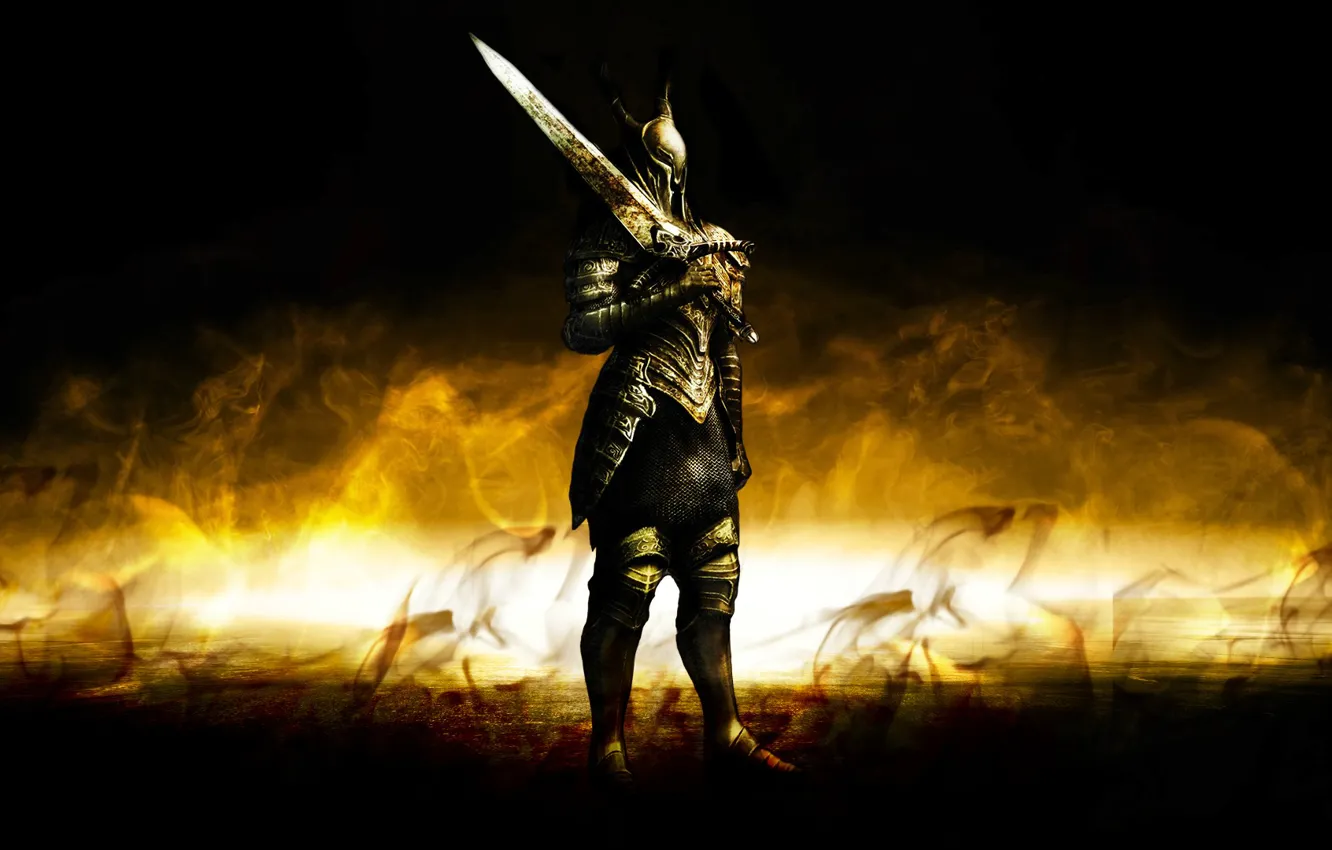 Photo wallpaper smoke, sword, armor, glow, knight, Dark Souls 2