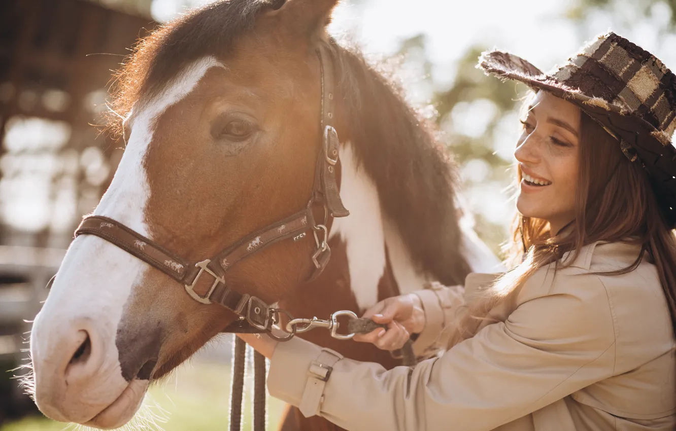 Photo wallpaper girl, light, joy, smile, each, horse, horse, portrait