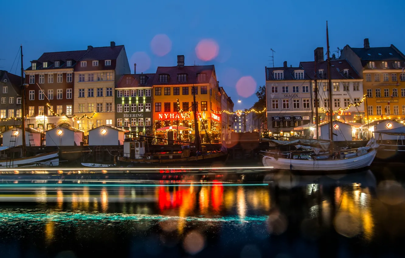 Photo wallpaper the sky, the city, lights, glare, reflection, blue, boat, building