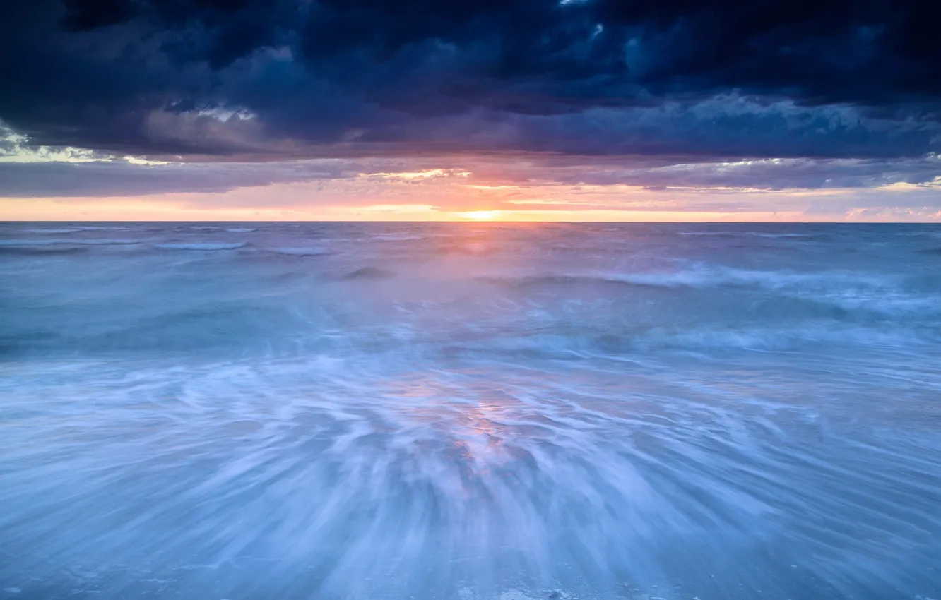 Photo wallpaper sea, sunset, clouds, horizon, Netherlands, Goeree-Overflakkee