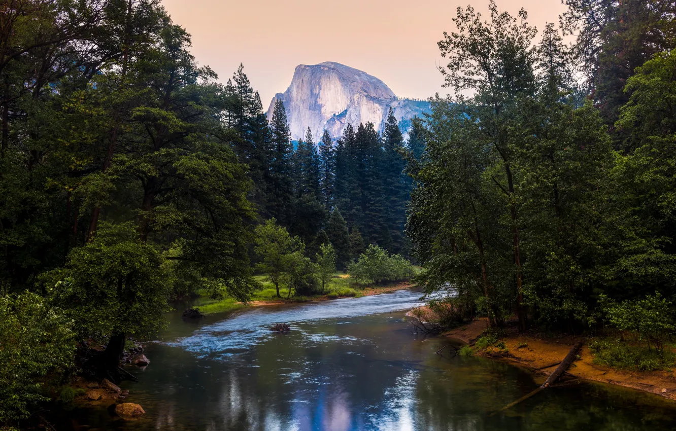 Photo wallpaper forest, mountains, CA, USA, river, California, Yosemite National Park, Half Dome