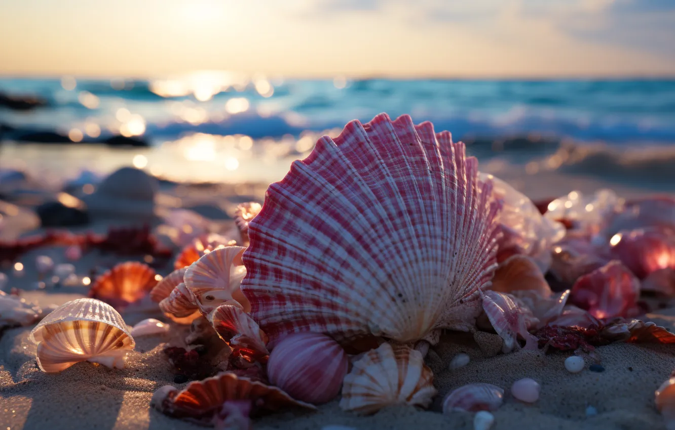 Photo wallpaper sea, beach, the ocean, shore, shell, seashells, seashell, AI art