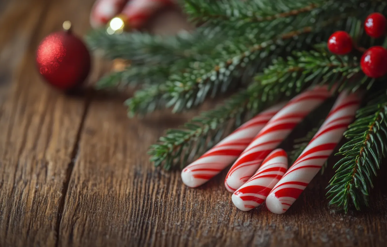 Photo wallpaper balls, branches, red, Board, new year, Christmas, candy, cane