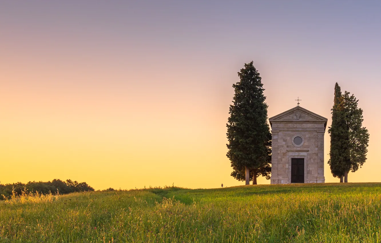 Photo wallpaper field, the sky, grass, morning, Italy, Church, chapel, cypress