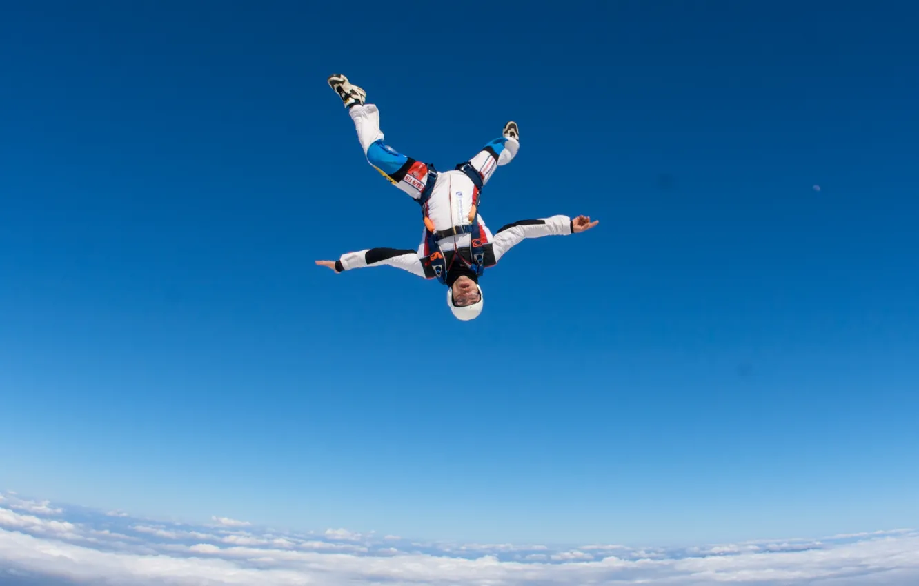 Photo wallpaper the sky, clouds, the moon, parachute, container, helmet, skydivers, extreme sports