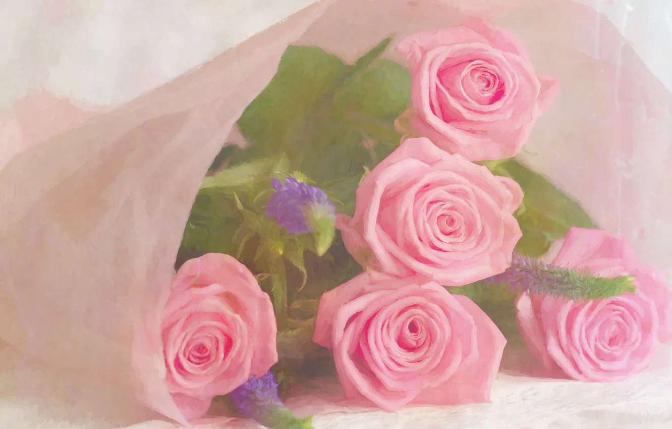 Photo wallpaper flowers, roses, bouquet, lies, pink