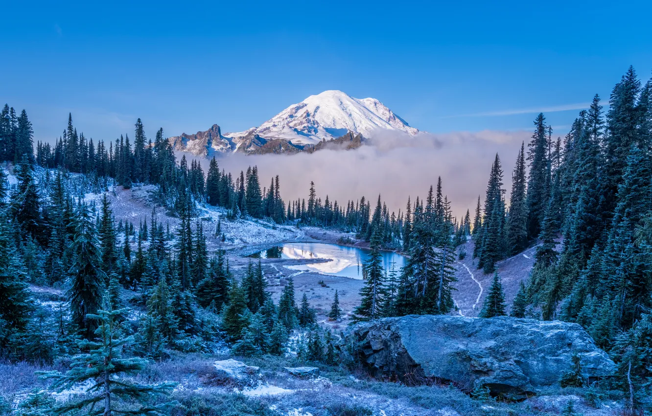 Photo wallpaper landscape, mountains, lake, ate, USA, Mount Rainier