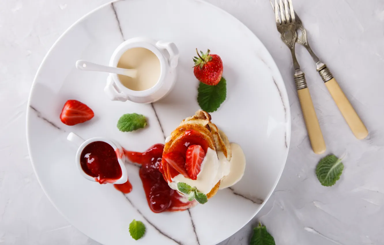 Photo wallpaper Breakfast, strawberry, plate, pancakes, sour cream, Stolyevych Yulia
