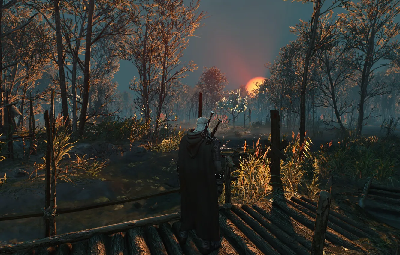 Photo wallpaper Sunset, Landscape, Swords, The Witcher 3 Wild Hunt, Geralt