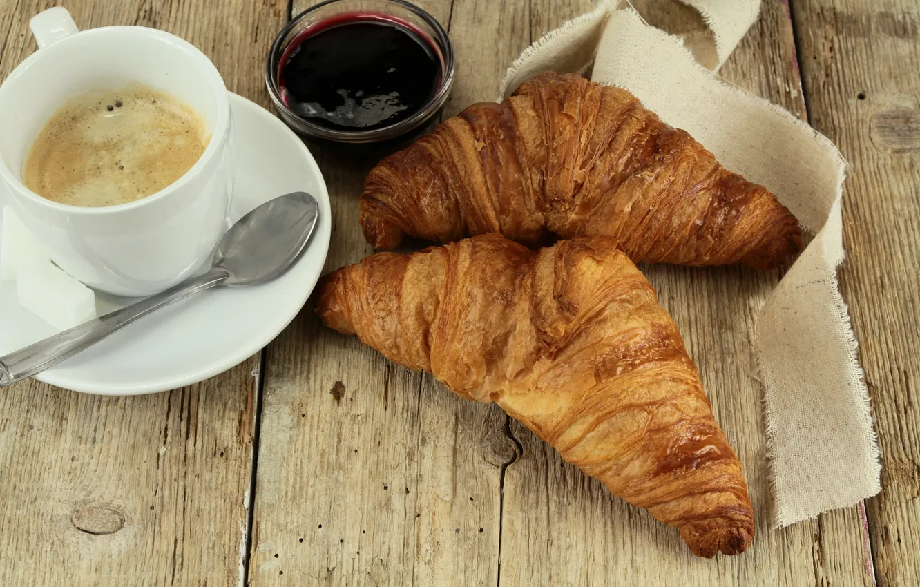 Photo wallpaper coffee, Breakfast, cakes, jam, growing, breakfast, croissant