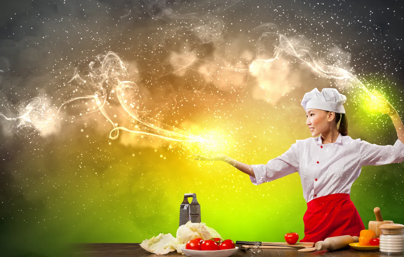 Photo wallpaper girl, creative, magic, smoke, cook, Asian, vegetables, tomatoes