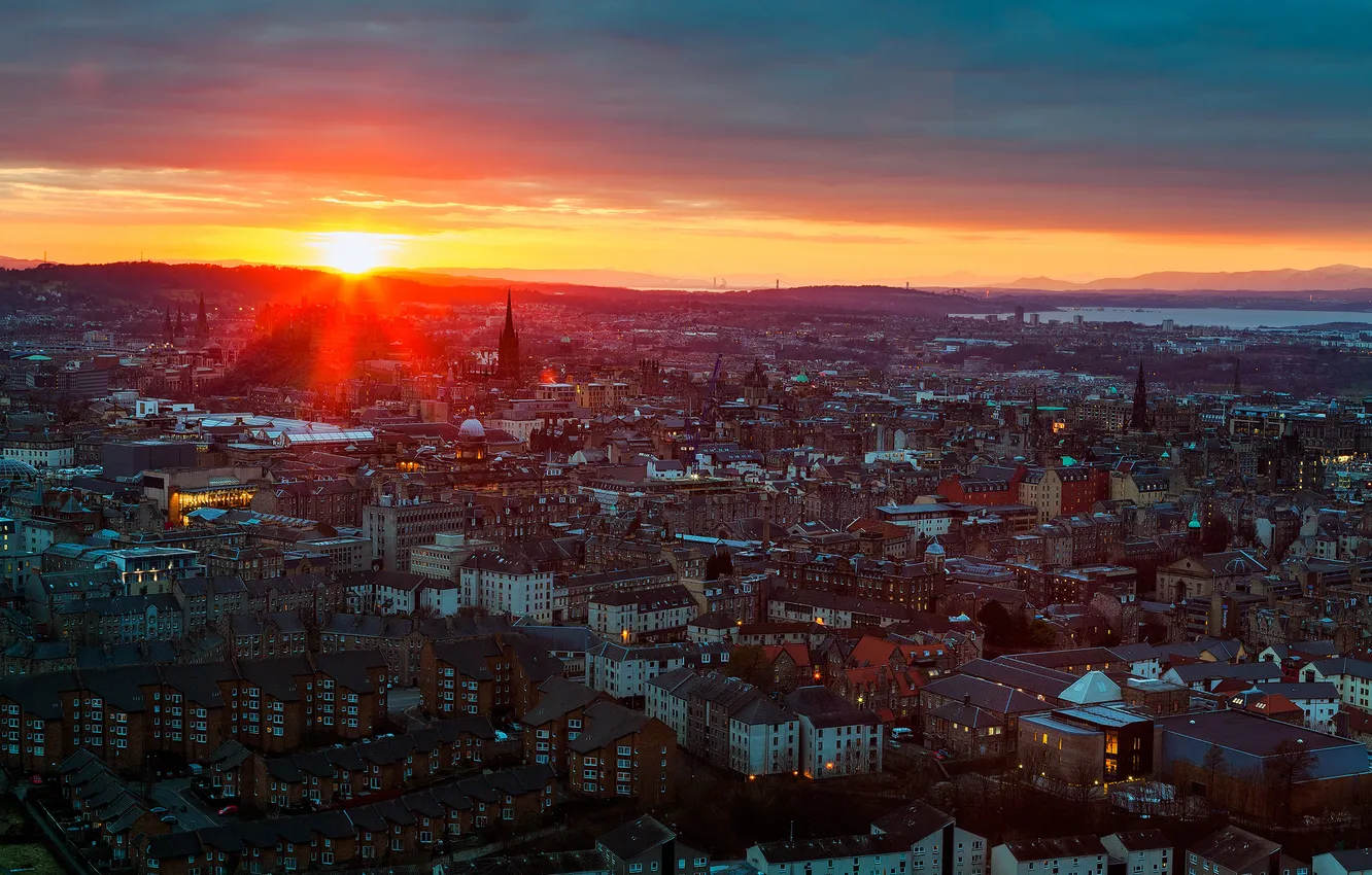 Photo wallpaper sunset, the city, view, building, the evening, Scotland, panorama, Scotland
