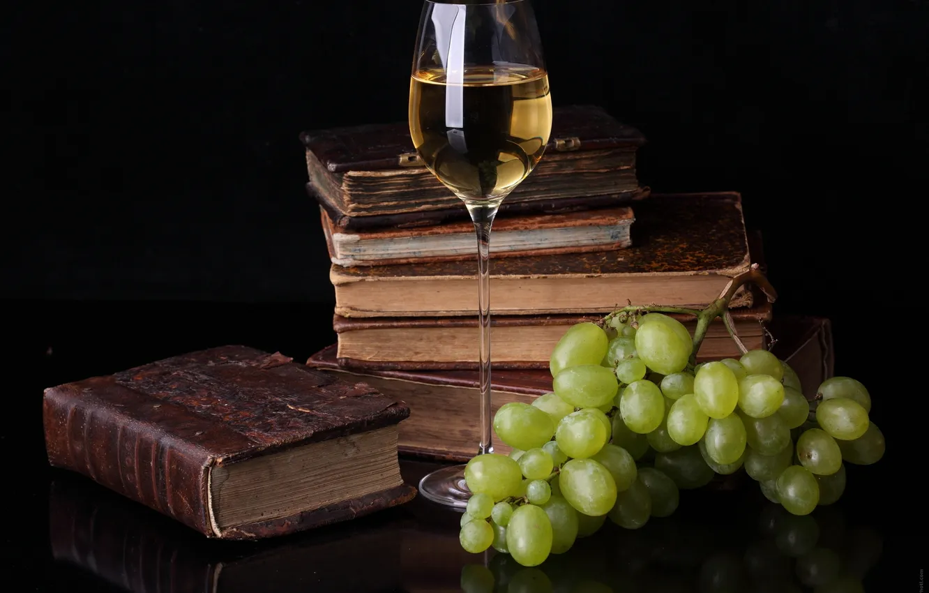 Photo wallpaper reflection, table, wine, glass, grapes, book, food for thought