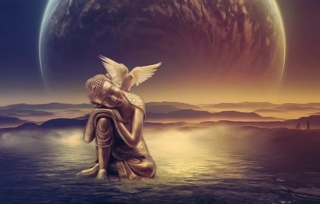 Photo wallpaper water, bird, surrealism, people, planet, statue