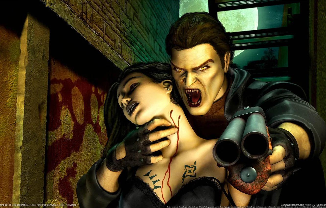 Photo wallpaper girl, gun, weapons, blood, tattoo, vampire, Vampire: The Masquerade