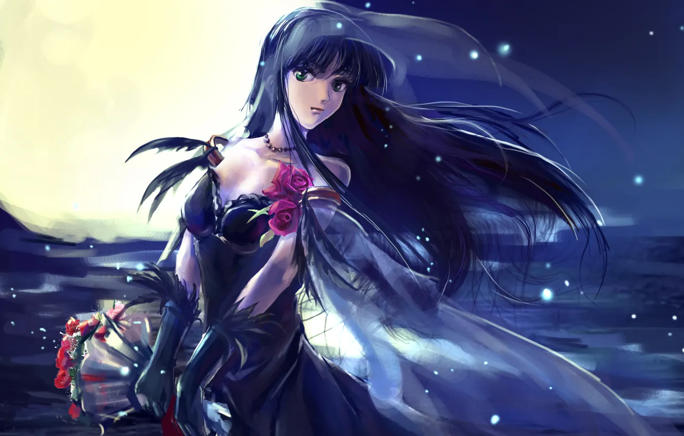 Photo wallpaper girl, flowers, night, the moon, roses, bouquet, touma kazusa, White Album 2