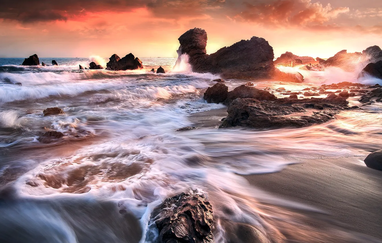 Photo wallpaper sea, wave, sunset, rocks