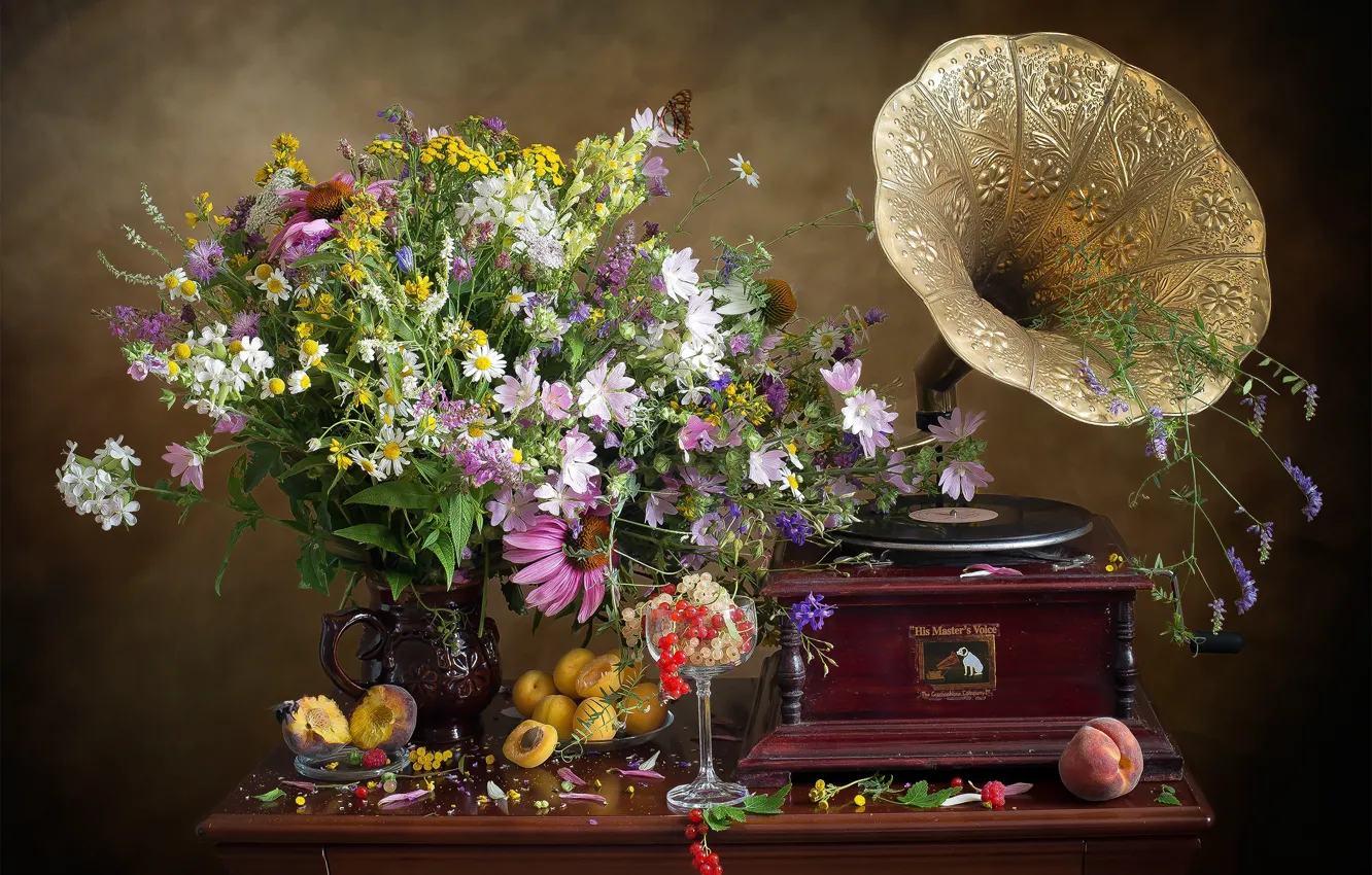 Photo wallpaper bouquet, peaches, gramophone, currants, apricots, Echinacea, mallow