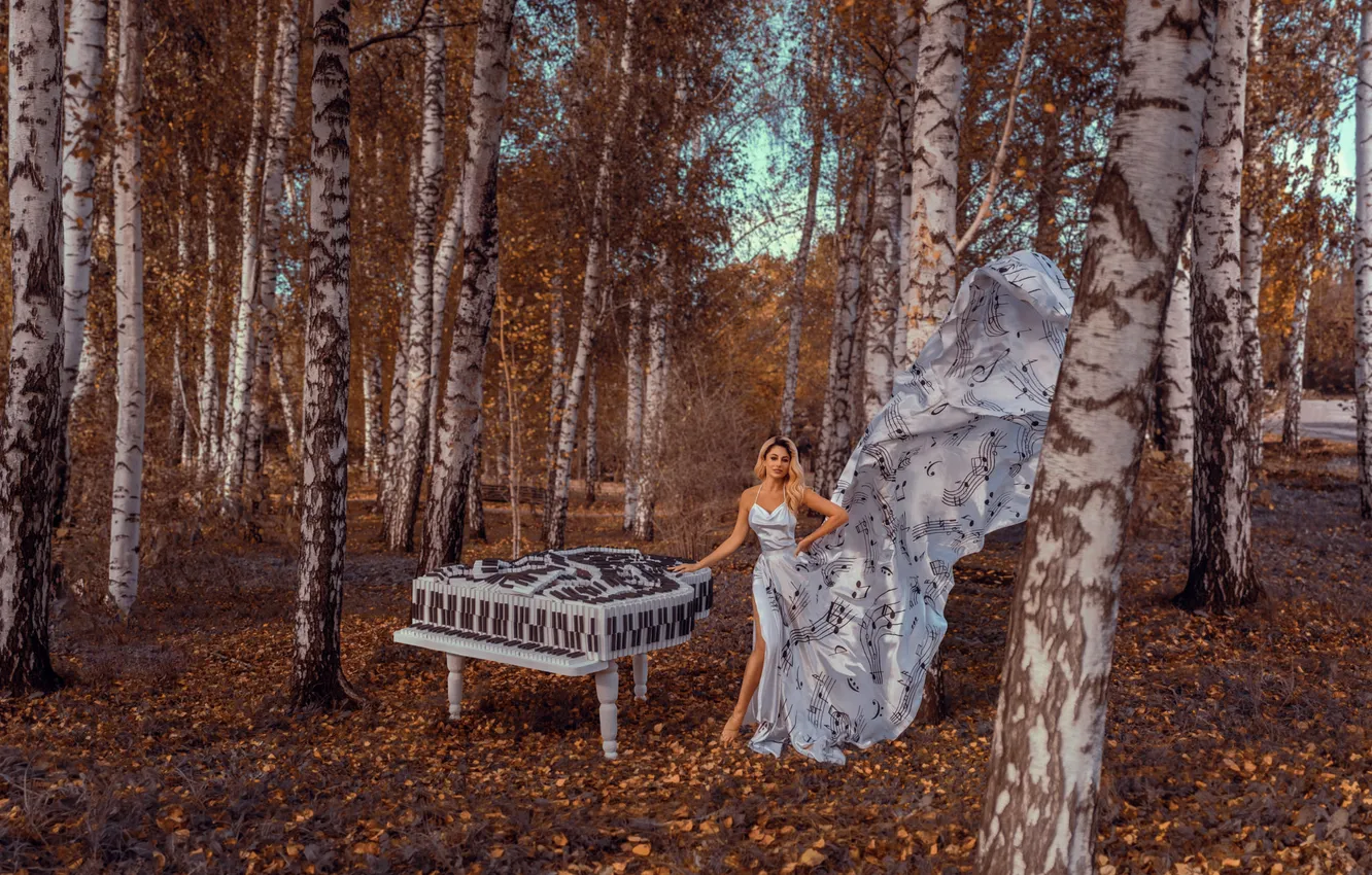 Photo wallpaper autumn, forest, look, girl, nature, pose, style, Park