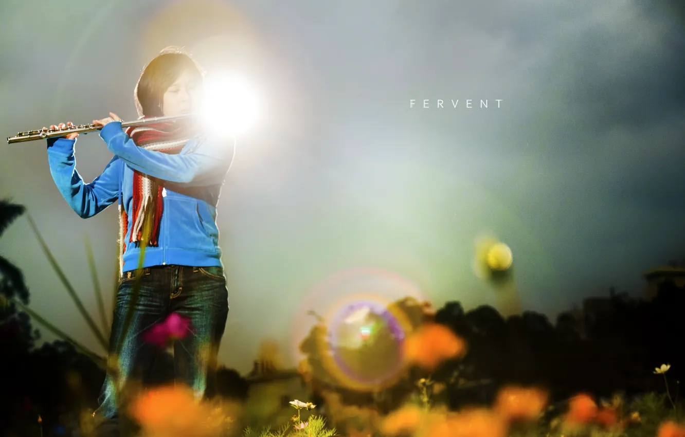 Photo wallpaper girl, light, music, flute