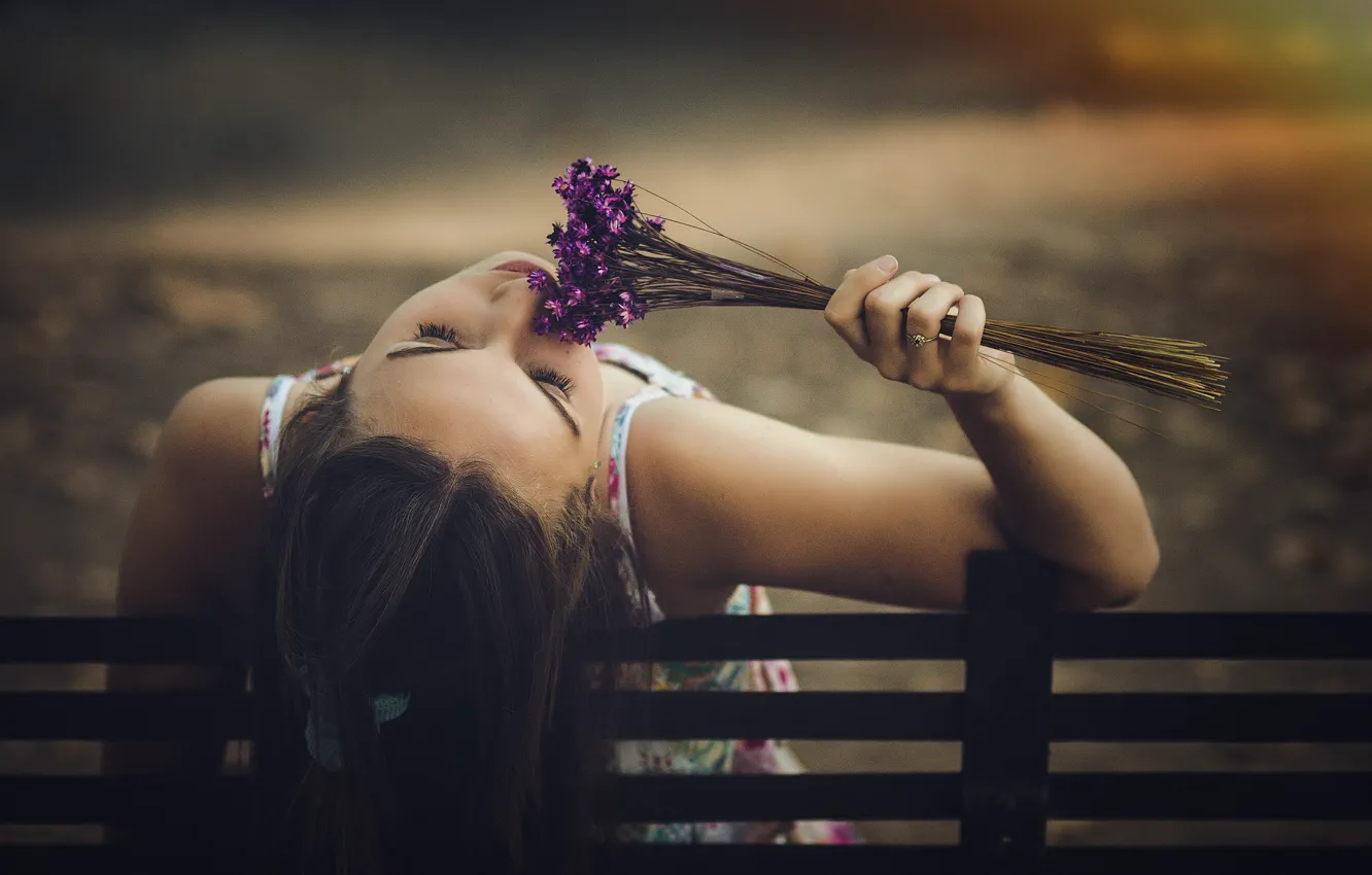 Photo wallpaper girl, flowers, the fence