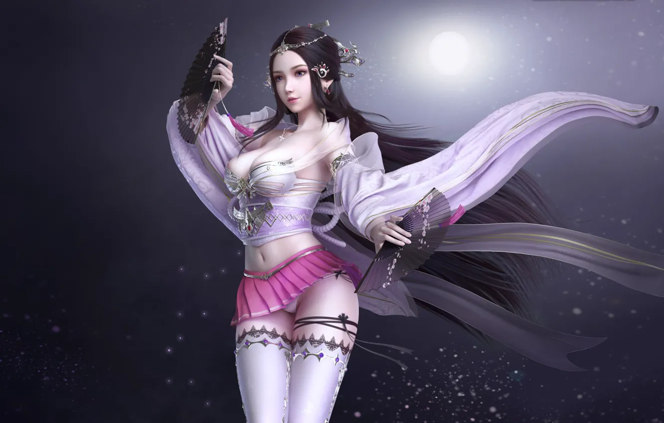 Photo wallpaper Girl, Moon, Fantasy, Beautiful, Art, Asian, Style, Night