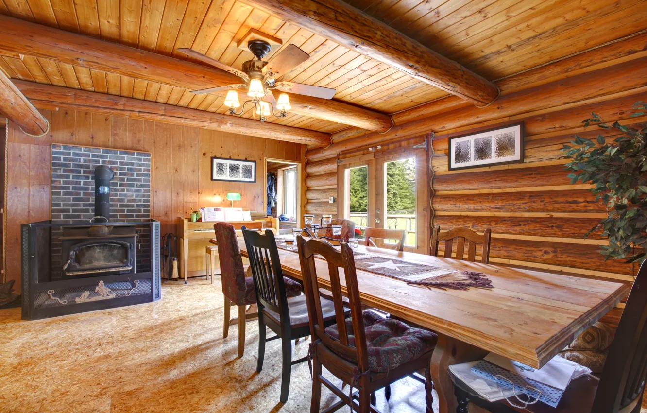 Photo wallpaper trees, design, style, interior, fireplace, dining room, country house