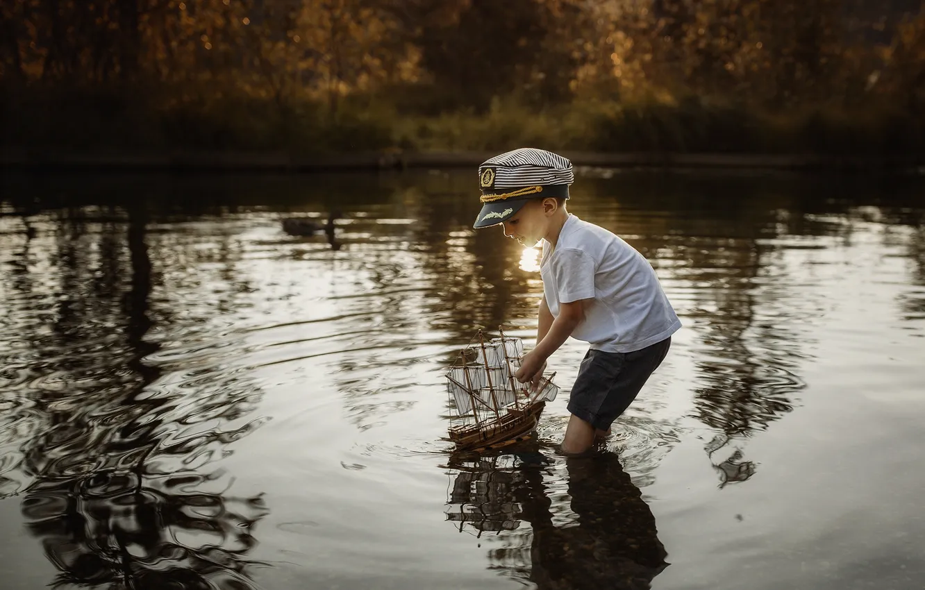 Photo wallpaper autumn, forest, water, light, children, childhood, lake, pond