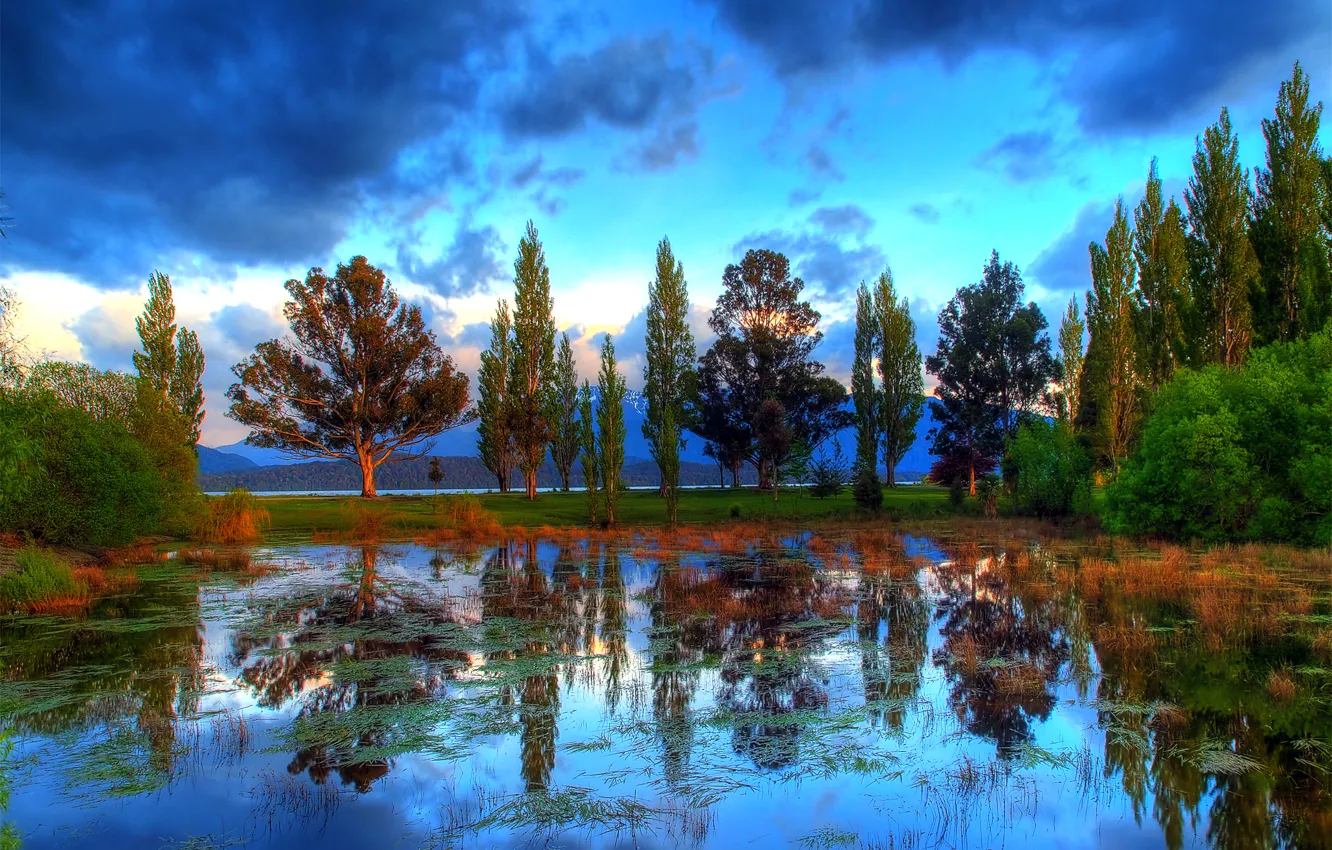 Photo wallpaper the sky, clouds, trees, reflection, river, HDR, New Zealand, New Zealand