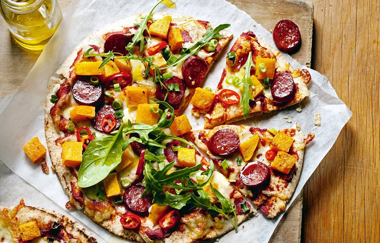 Photo wallpaper greens, pepper, vegetables, pizza, sausage