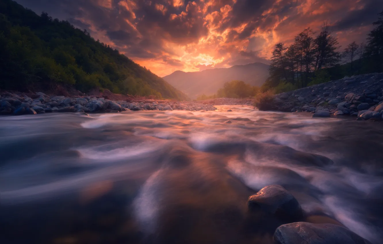 Photo wallpaper sunset, mountains, river