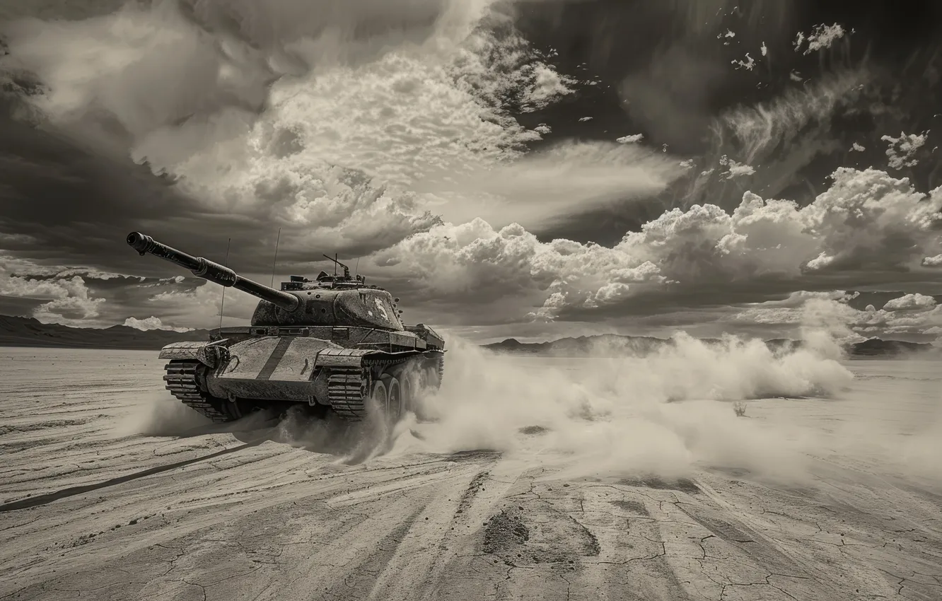 Photo wallpaper clouds, dust, tank, black and white, digital art, AI art, The Art of Artificial Intelligence, …