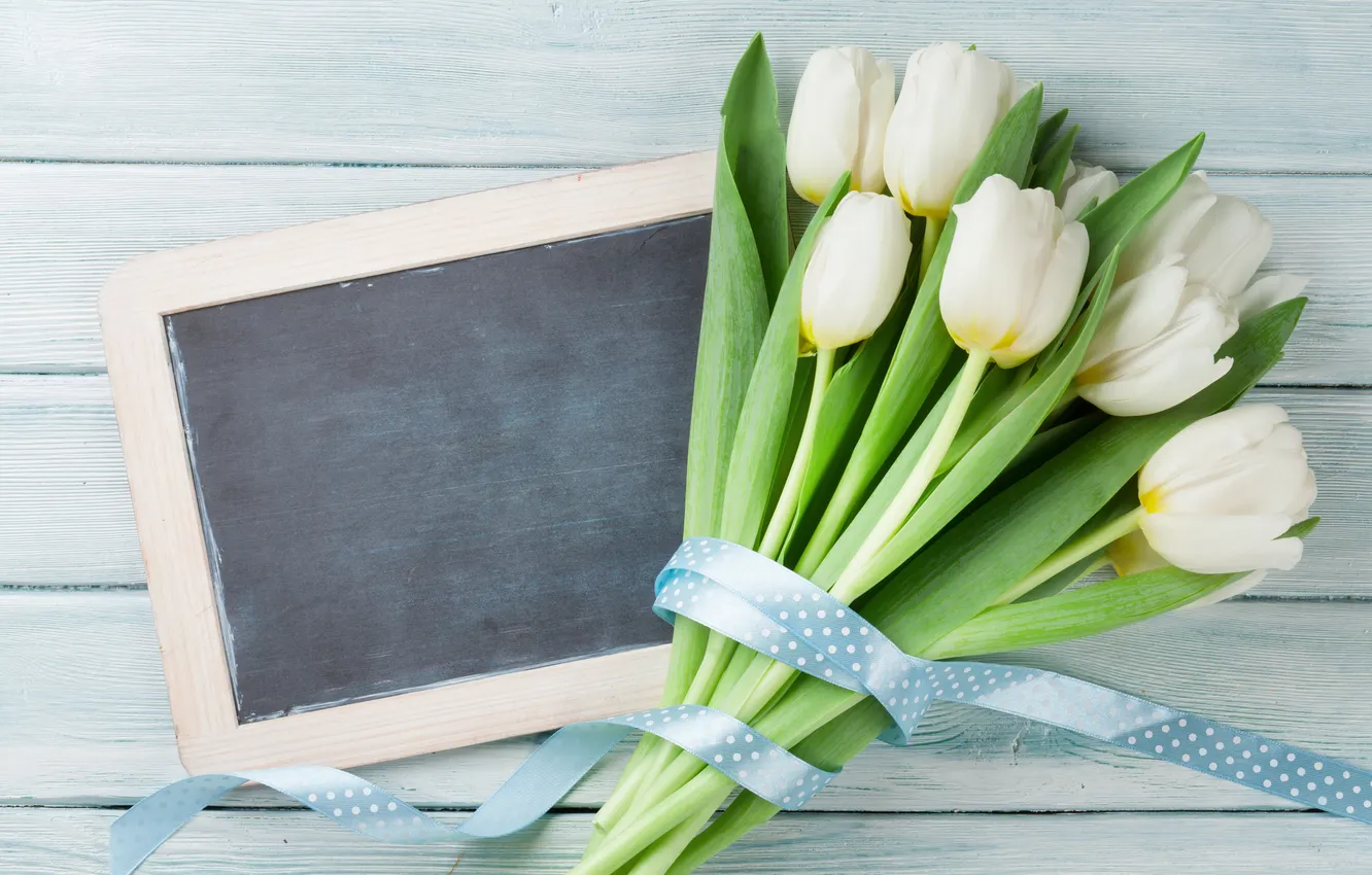 Photo wallpaper flowers, bouquet, tulips, white, wood, flowers, tulips, postcard