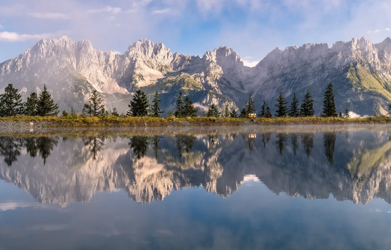 Photo wallpaper trees, mountains, lake, reflection, Austria, panorama, Austria, Tyrol