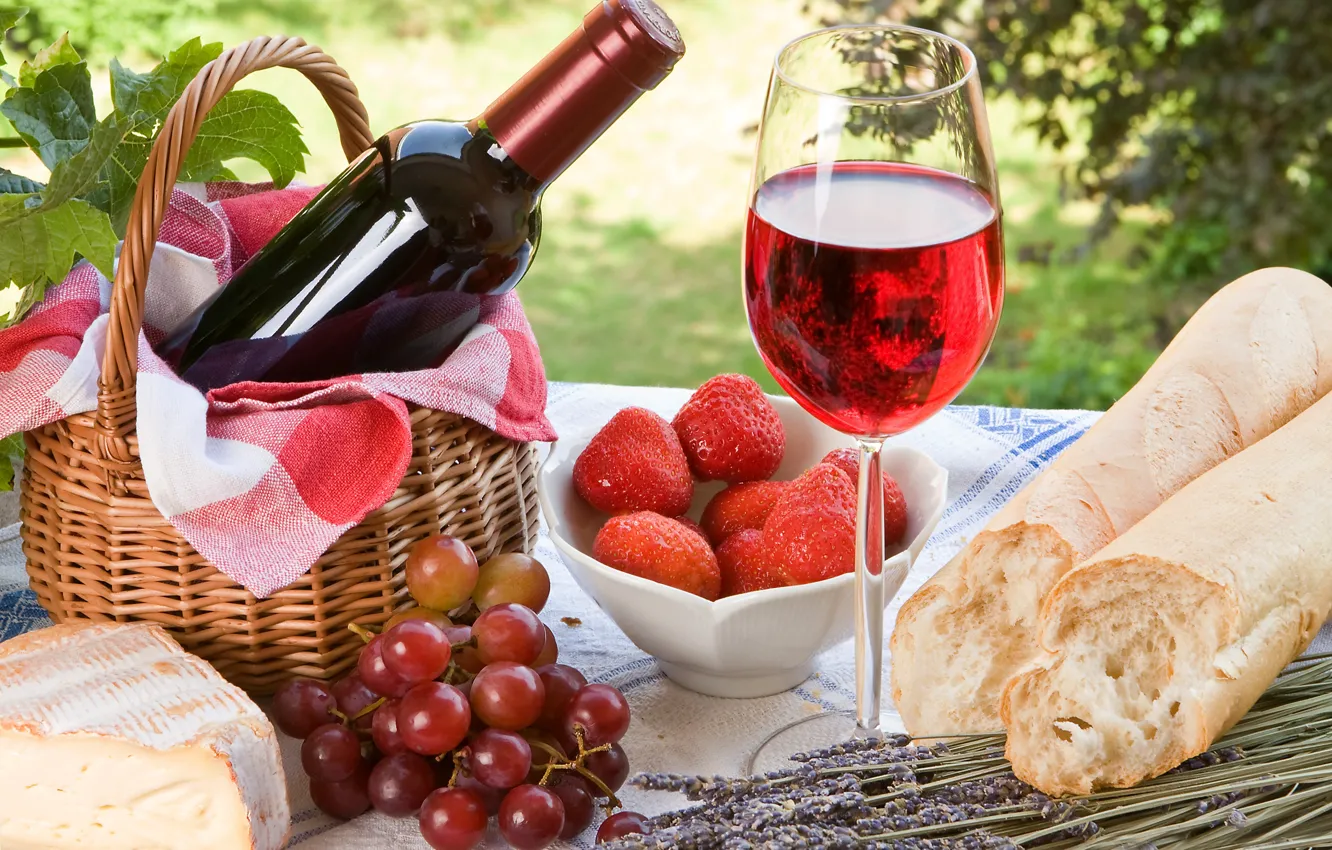 Photo wallpaper berries, wine, red, basket, glass, bottle, cheese, strawberry