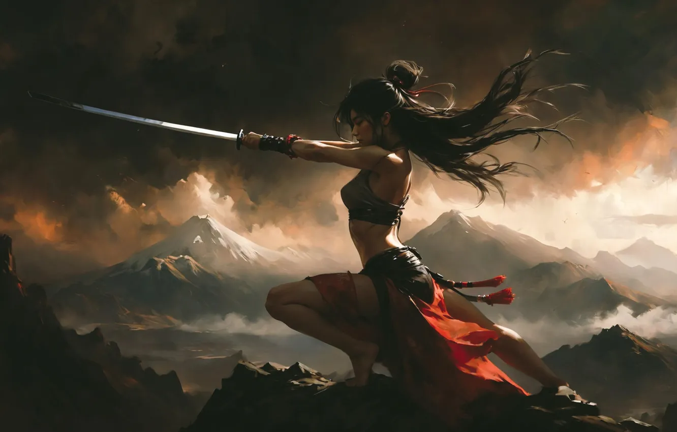 Photo wallpaper sword, long hair, women, dark hair, AI Art