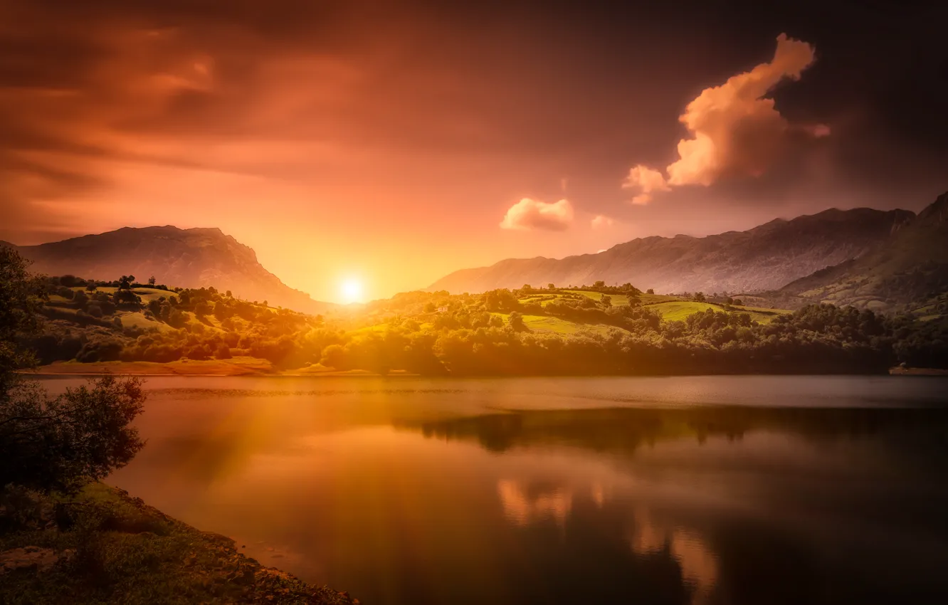 Photo wallpaper sunset, mountains, Spain, Spain, Asturias, Asturias, reservoir, Alfilorios Reservoir