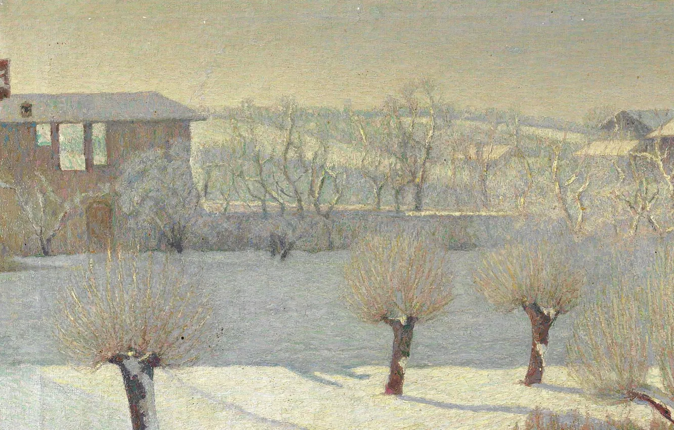 Photo wallpaper winter, trees, landscape, house, picture, Angelo Barabino, Snowfall in Tortona
