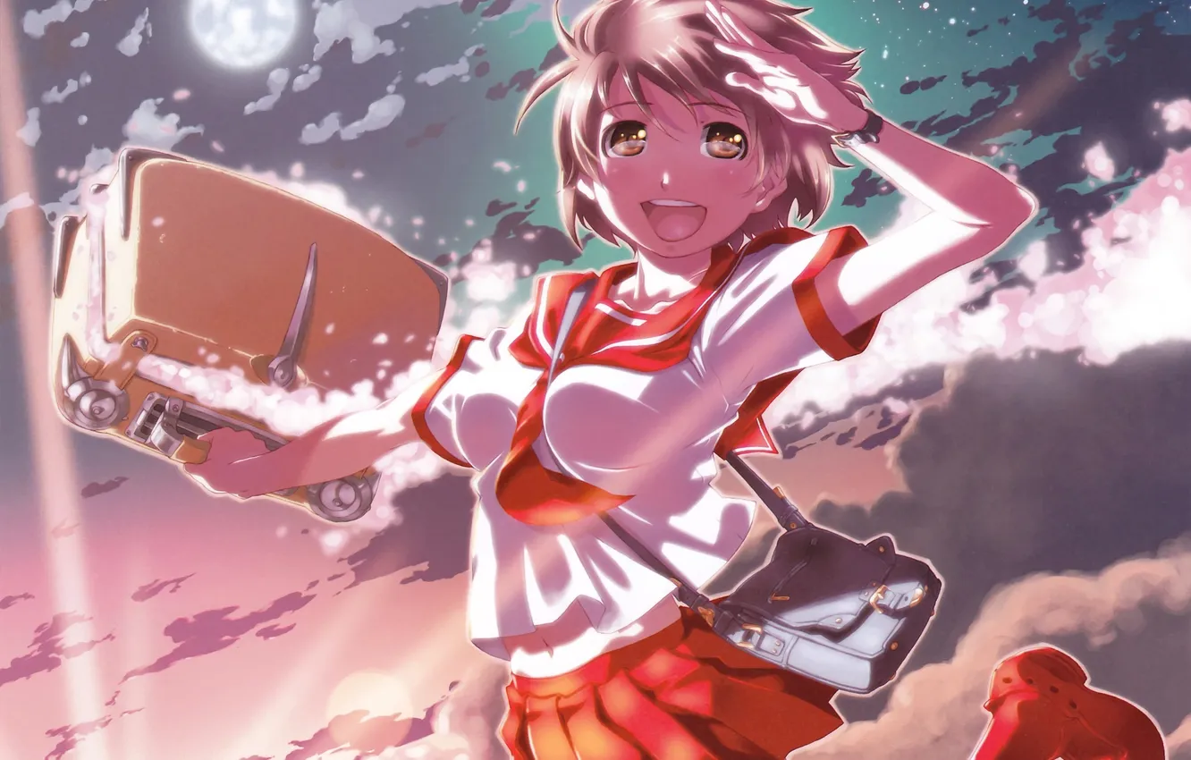 Photo wallpaper the sky, girl, the sun, stars, clouds, the moon, anime, art