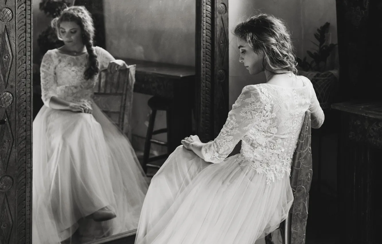Photo wallpaper girl, reflection, mirror, the bride, white dress