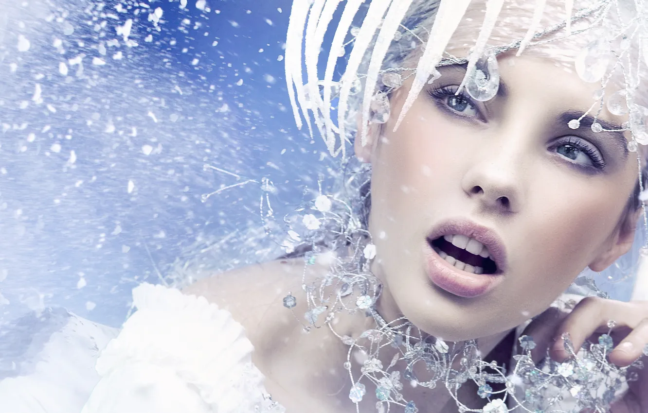 Photo wallpaper look, girl, snow, decoration