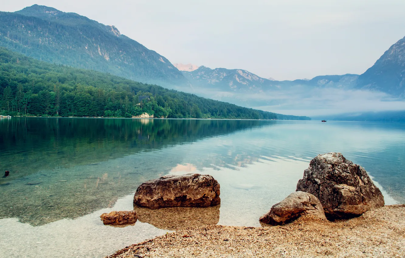 Photo wallpaper forest, fog, lake, surface, hills, shore, boat, kanmi