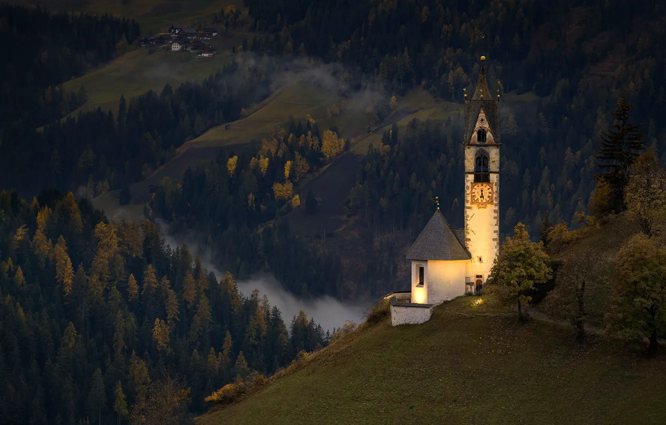 Photo wallpaper autumn, forest, mountains, hills, valley, Italy, Church, panorama