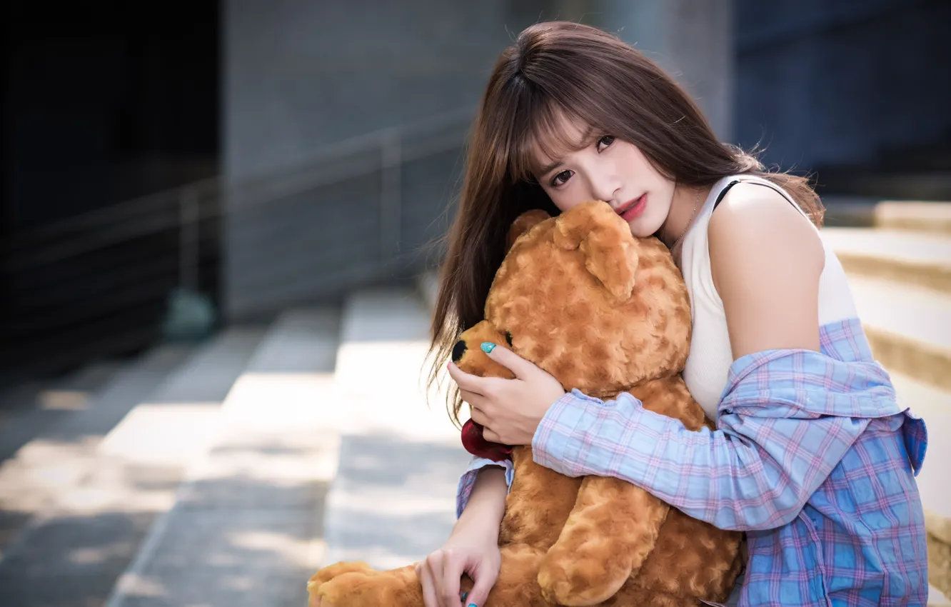 Photo wallpaper girl, Asian, cutie, Teddy bear