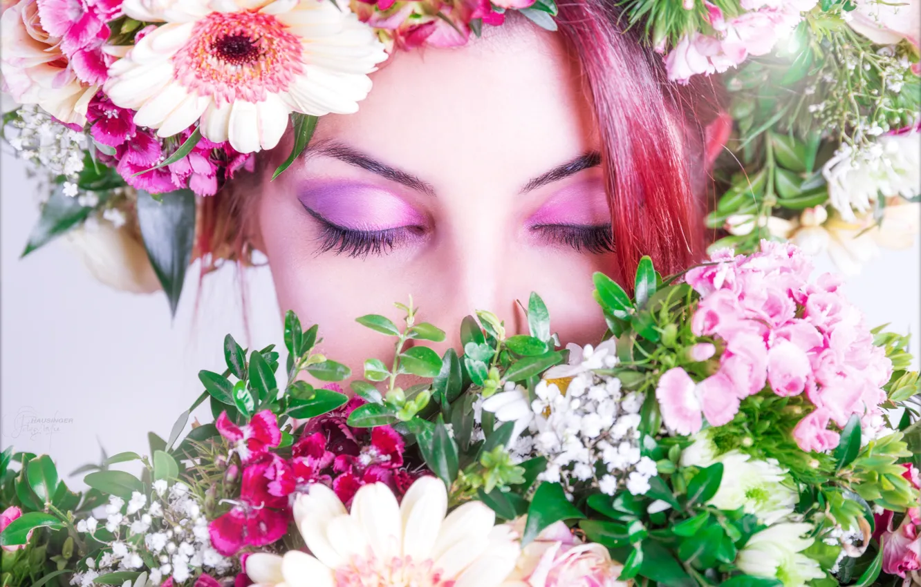 Photo wallpaper girl, flowers, calm