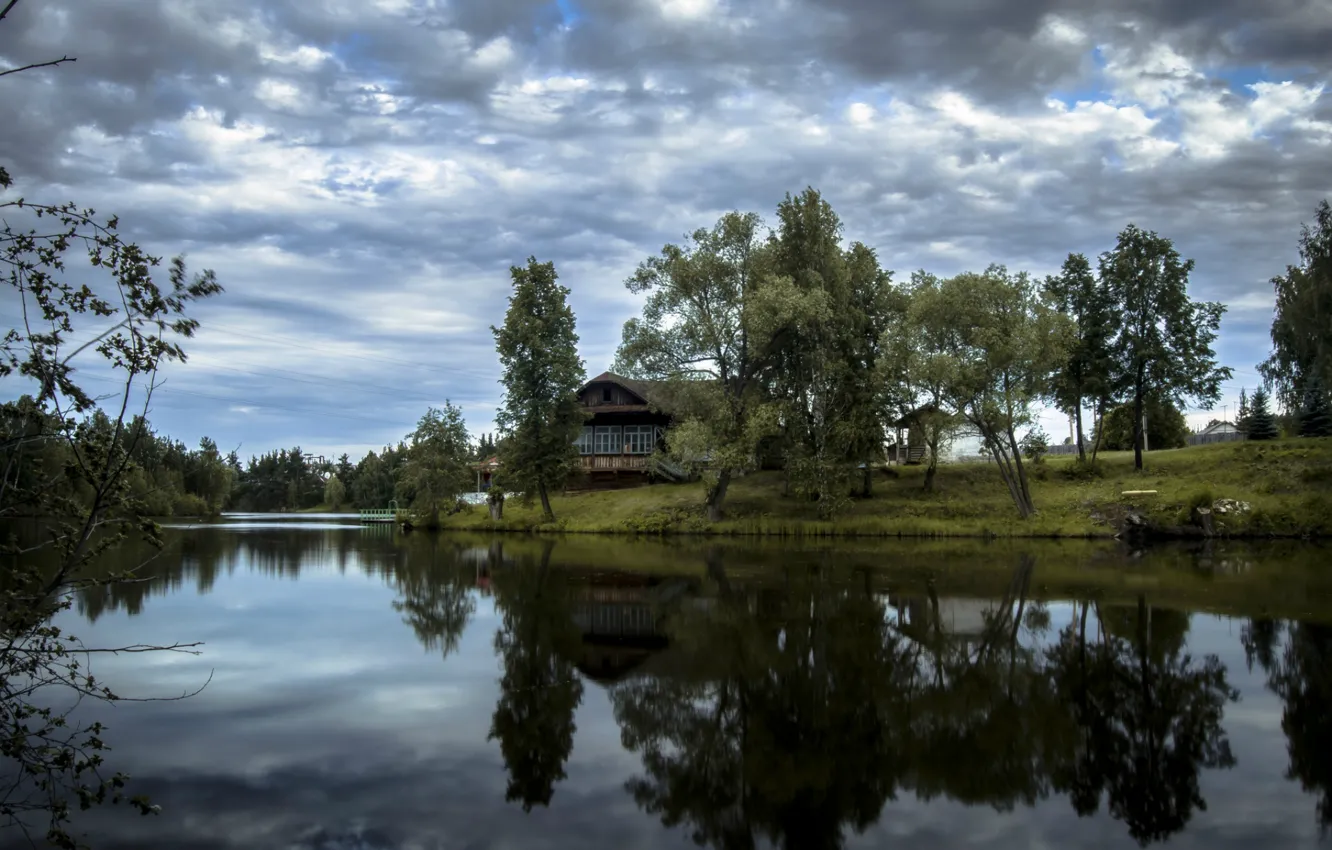 Photo wallpaper clouds, trees, house, reflection, river